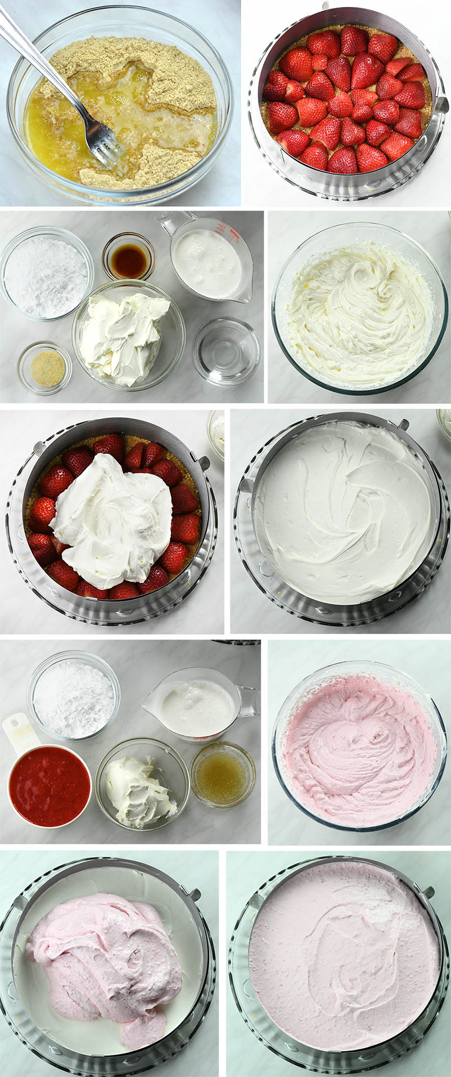 Step-by-step instructions for Layered No-Bake Strawberry Cheesecake.