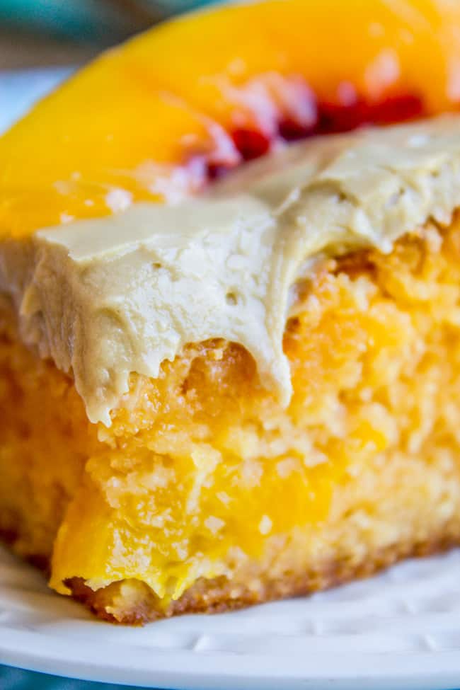 A delightfully peachy cake made from a cake mix and a packet of Jello, of all things! There are real peaches in the cake, which makes it super moist (ok, and a lot of oil). It is topped with a rich brown sugar frosting!