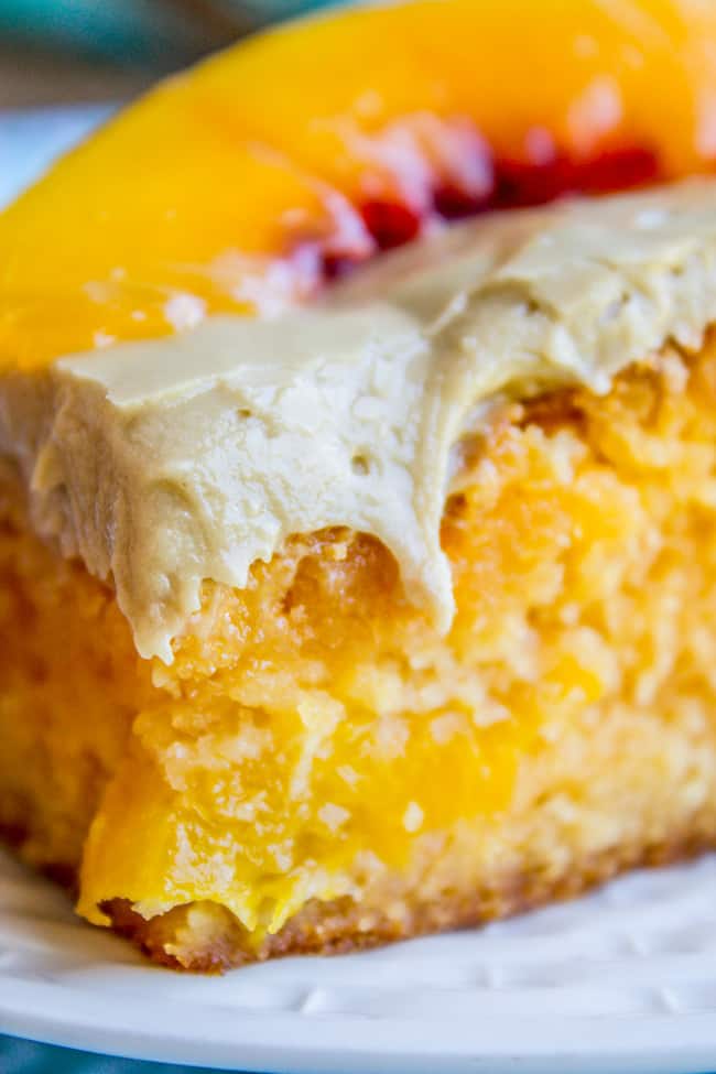 A delightfully peachy confection made from a confection mix and a packet of Jello, of all things! There are real peaches in the cake, which makes it super moist (ok, and a lot of oil). It is topped with a rich brown sugar frosting!