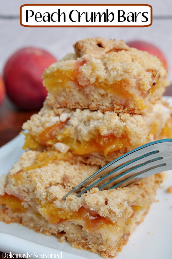 Delicious fresh peaches, cinnamon, and brown sugar come together with a delicious, crumbly batter to create a dessert that has all the flavors of fall in one fruity bar that no one can say no to.