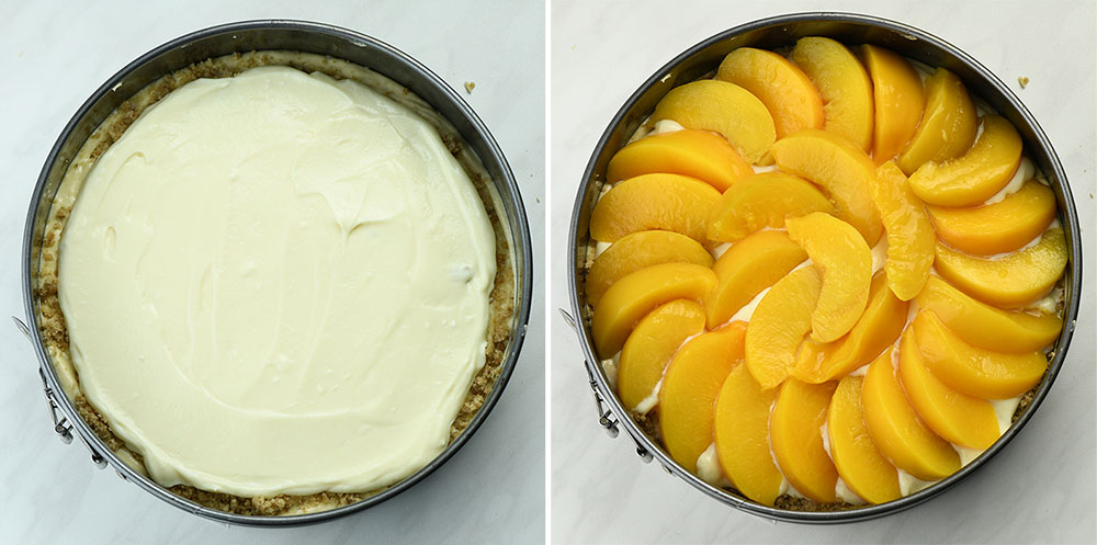 Cream cheese layer and canned peach layer