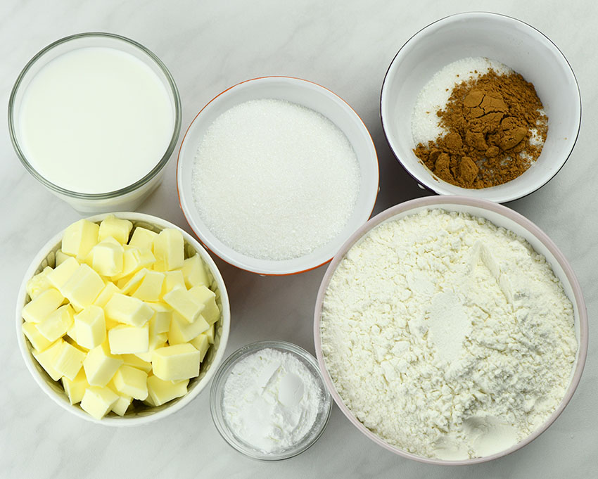 Flour and other ingredients needed for cobbler dough.