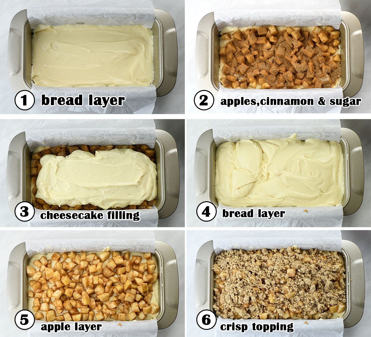 Apple Crisp Cheesecake Bread assembling steps.