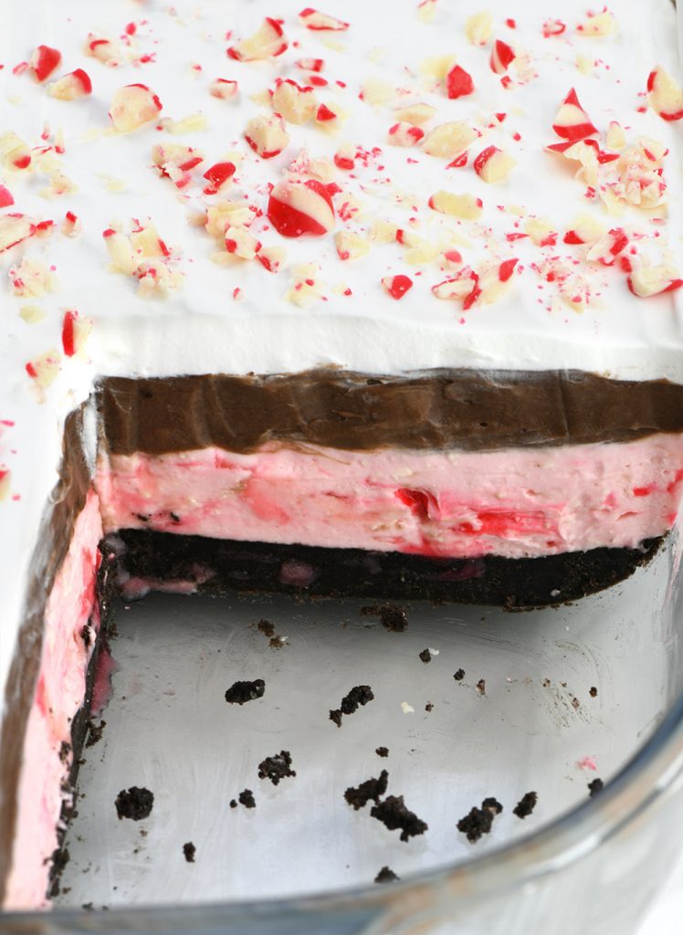 Chocolate Peppermint Lasagna in a pan.