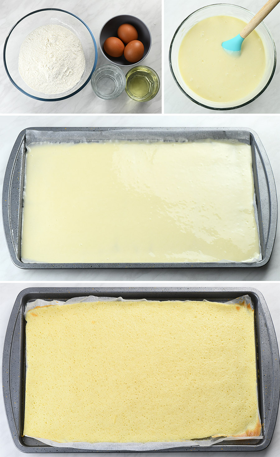 Four images of preparing cake layer.