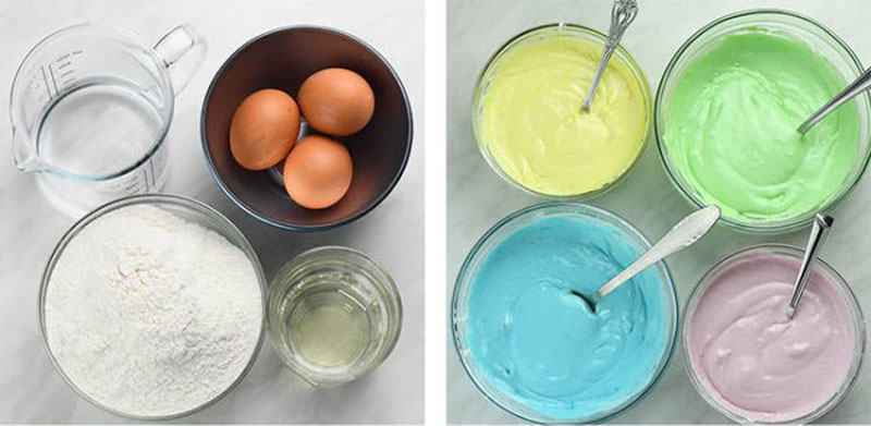Ingredients and colors for Easter cake roll.