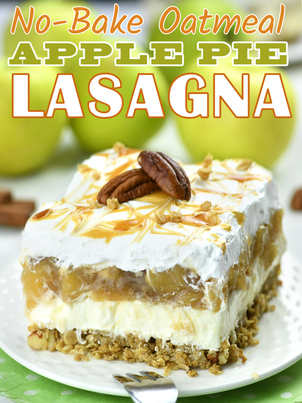 Four layered piece of Oatmeal World Pie Lasagna on a white plate with tuft of untried apples behind.