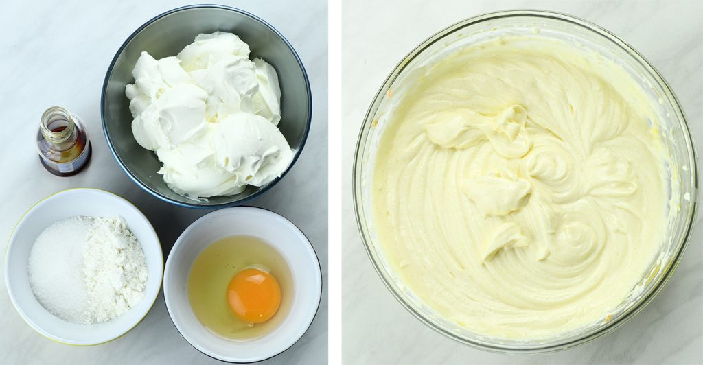 Cream cheese ingredients and mixed cheesecake in a bowl.