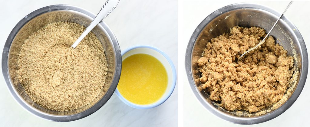 A two-part image showing the process of making a graham cracker crust, with the left side showing crushed graham crackers in a bowl and the right side displaying the combined mixture of graham cracker crumbs and melted butter.