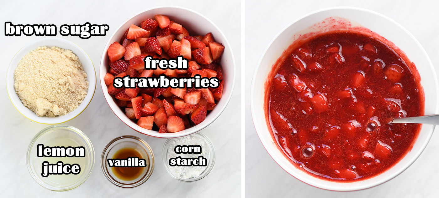 The image showcases ingredients and steps for making a strawberry filling or topping, most likely for desserts like cheesecake. On the left side, there are four bowls with individual ingredients labeled: brown sugar, fresh strawberries, lemon juice, and vanilla, along with a small bowl of corn starch. The right side of the image shows a bowl with the strawberries mixed into a red, saucy mixture, indicating that the strawberries have been cooked down with the other ingredients to create a thickened filling or topping. 