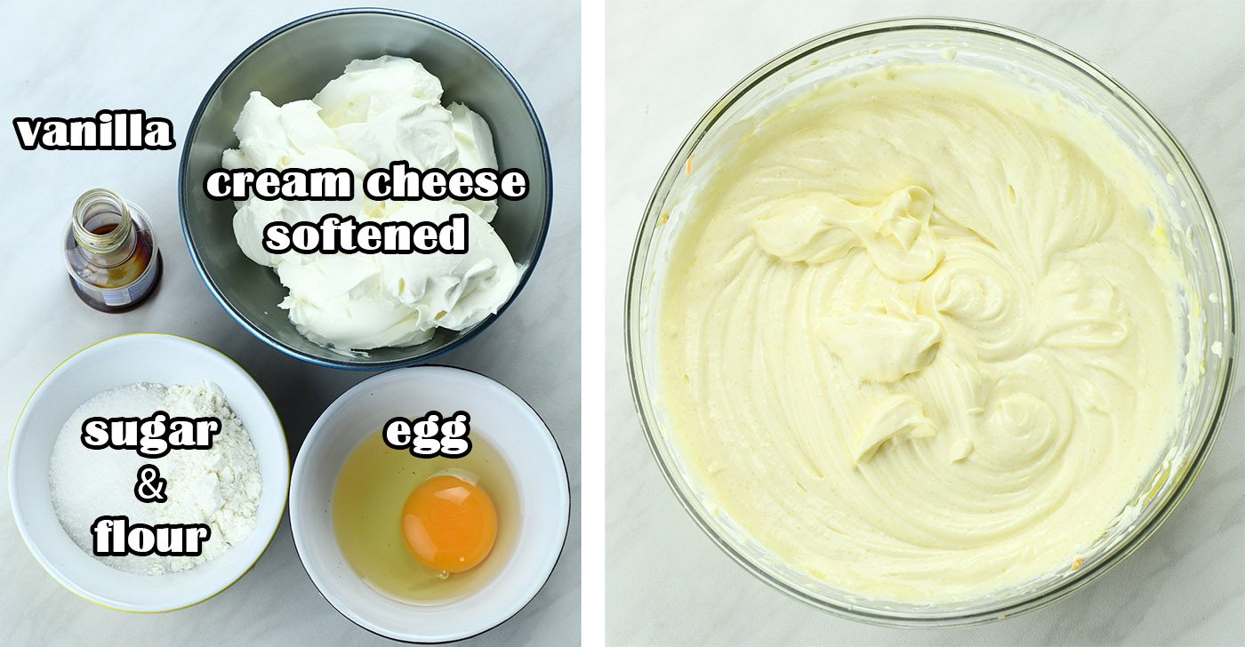 The image appears to be a step-by-step illustration of preparing a cheesecake mixture. On the left, the ingredients are separately displayed with labels: a bottle of vanilla extract, a large bowl of softened cream cheese, a bowl containing a mix of sugar and flour, and another bowl with an egg. On the right, there's a clear glass bowl showing the final blended cheesecake batter, which looks smooth and creamy, indicating that the ingredients have been thoroughly mixed.
