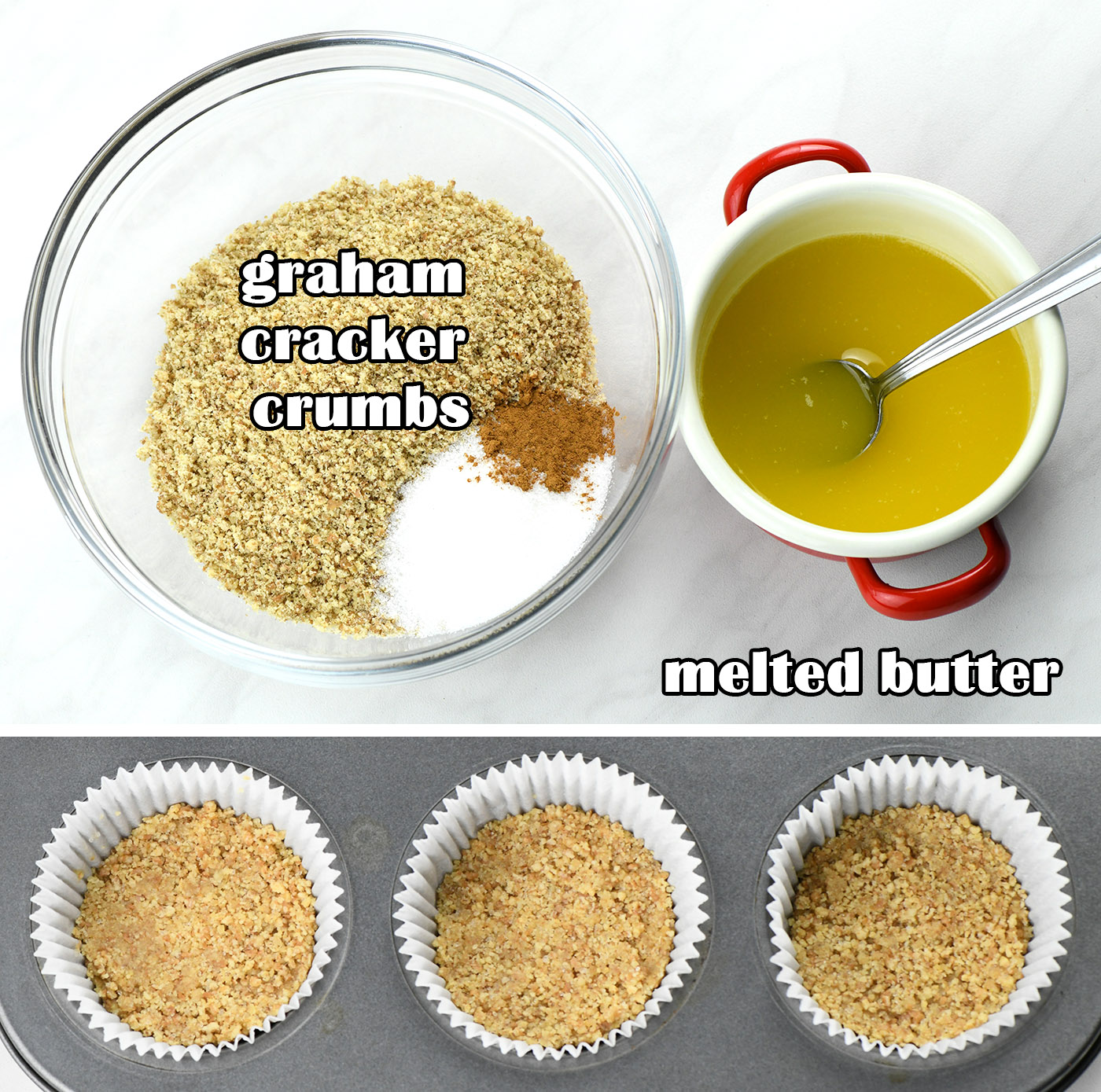 The image is part of a series showing the process of preparing a graham cracker crust for desserts such as cheesecakes or pies. On the top left, there's a clear glass bowl with graham cracker crumbs mixed with what appears to be sugar and a hint of cinnamon. On the top right, a pot contains melted butter with a spoon, ready to be mixed with the dry ingredients. The bottom of the image shows two muffin liners in a tin, each filled with the graham cracker mixture, which is likely pressed down to form the base layer of a mini cheesecake or similar dessert. 