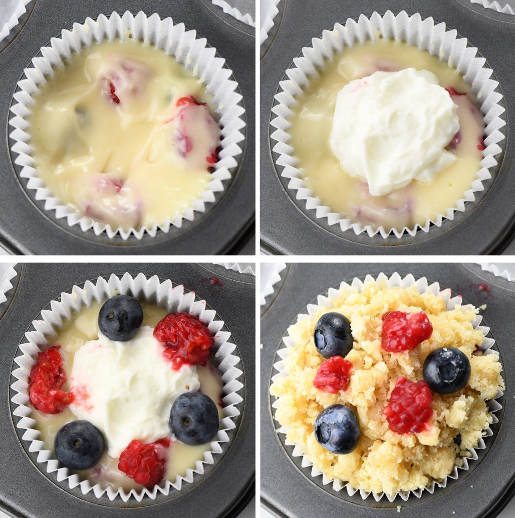 Four steps of assembling muffins in a pan.