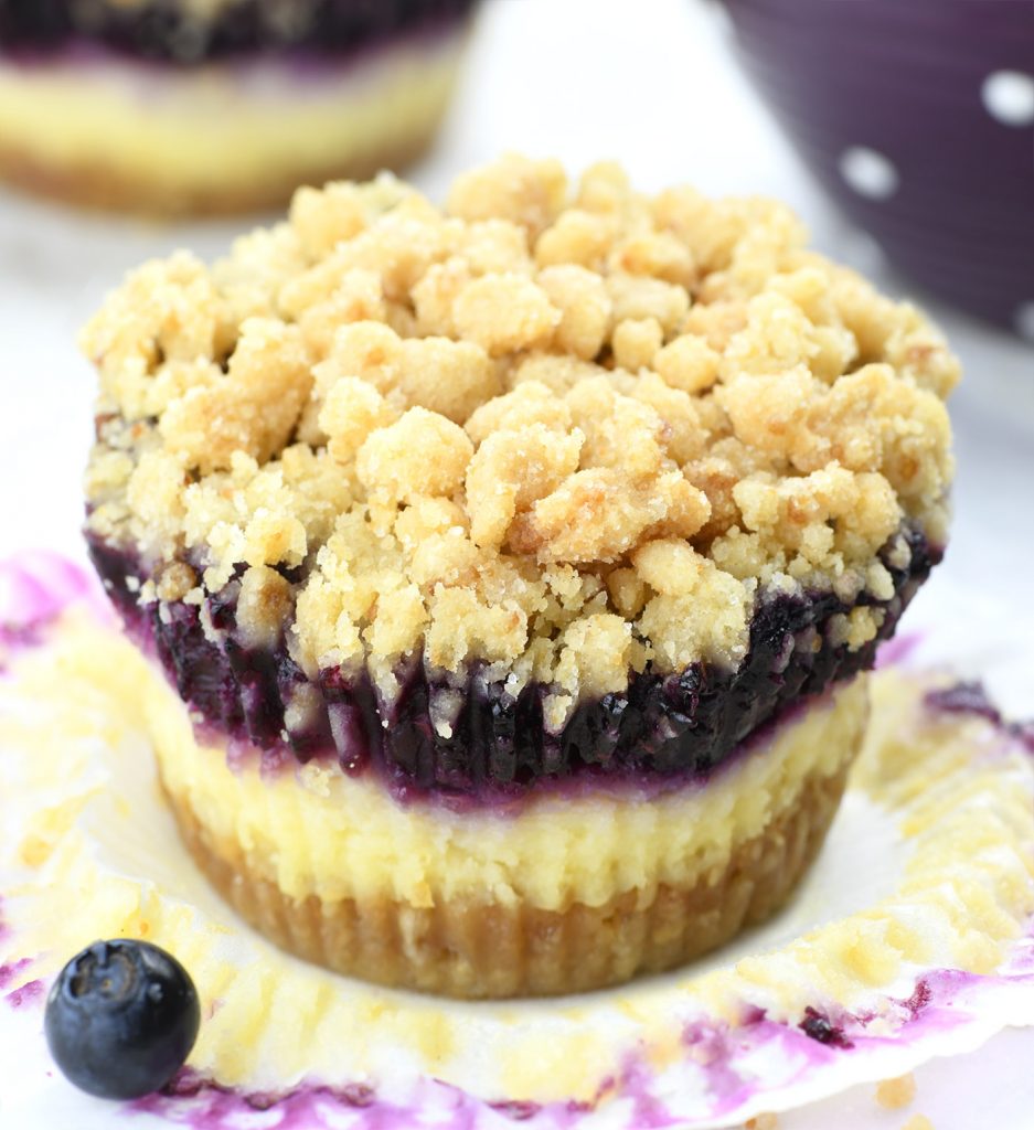 Close-up of a mini blueberry cheesecake with a crumbly streusel topping, creamy cheesecake layer, and a layer of blueberry filling, with a single blueberry and a partially unwrapped cupcake liner in the foreground.