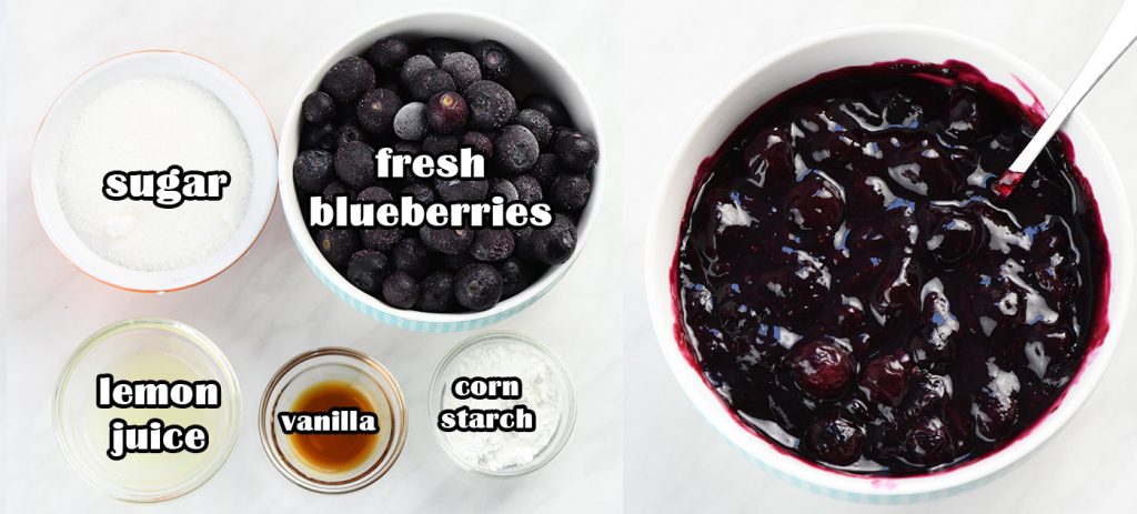 Ingredients for blueberry filling: a bowl of sugar, a bowl of fresh blueberries, small bowls of lemon juice, vanilla, and corn starch, and a bowl of the finished blueberry filling with a spoon.