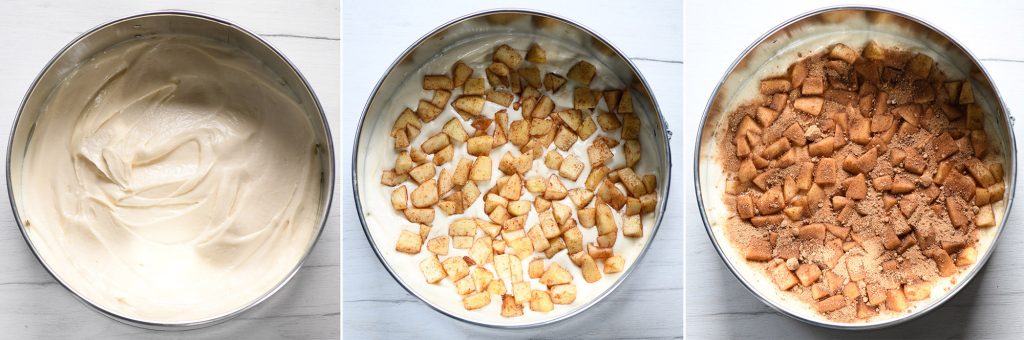 Three steps of assembling apple coffee cake: cake batter, apple and cinnamon.