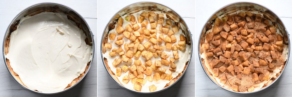 Three steps of assembling apple coffee cake: cream cheese, apple and cinnamon.
