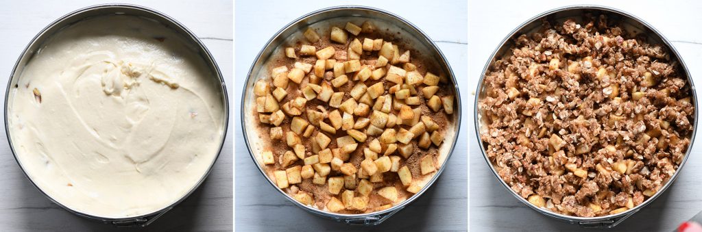 Three steps of assembling apple coffee cake: cake batter, apple and cinnamon and apple crisp.