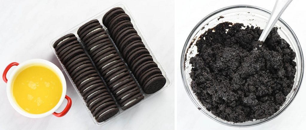 On the left side, a package of Oreo cookies is displayed beside a small bowl of melted butter. On the right side, a glass bowl contains a mixture of crushed Oreo cookies and butter, ready to form the crust.