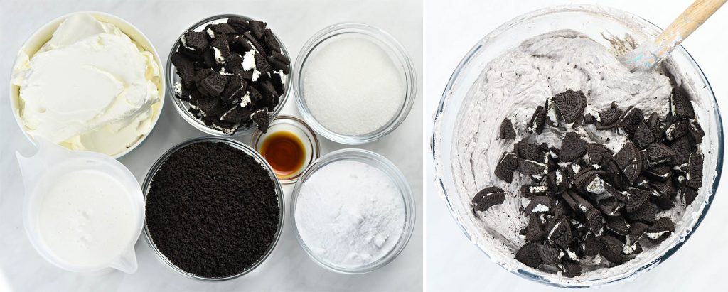 A collection of ingredients for the No Bake Oreo Cheesecake filling is arranged neatly. Bowls contain cream cheese, sugar, Oreo crumbs, chopped Oreo pieces, vanilla extract, and whipping cream. On the right side, a bowl shows the cheesecake filling mixed with chunks of Oreo cookies.