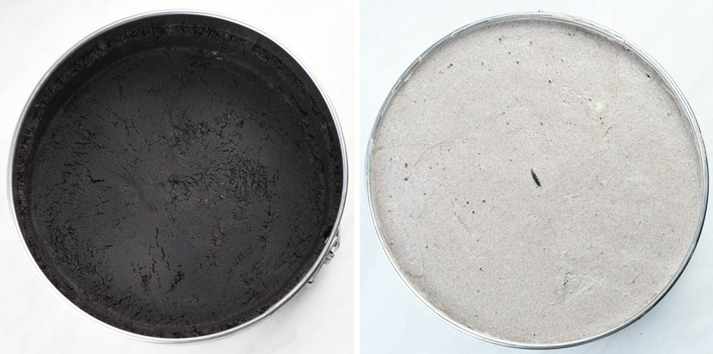 The left half of the image shows a springform pan with a pressed Oreo crust at the bottom. On the right, the same pan is filled with the Oreo cheesecake filling, smoothed out and ready to chill.
