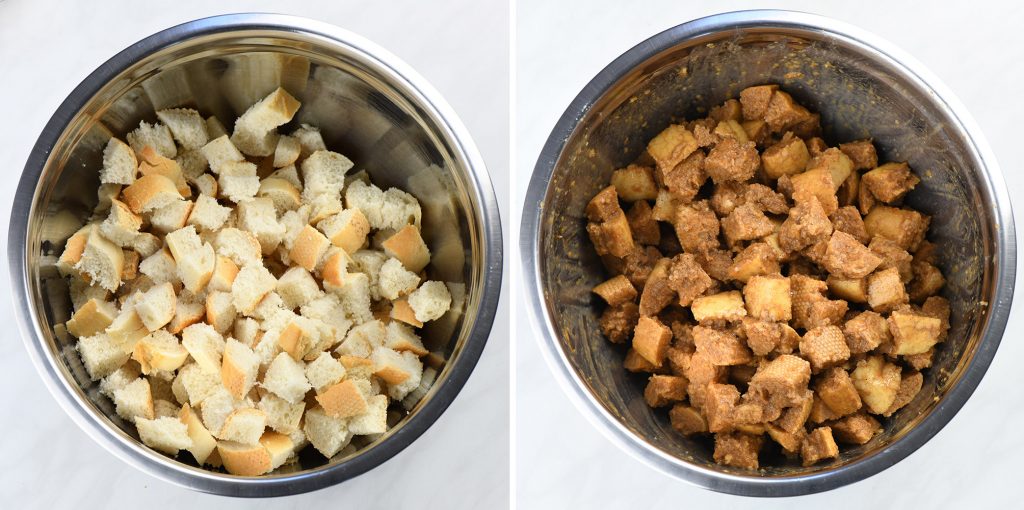 cubed bread to a large bowl. Then, into another medium size bowl add: pumpkin puree, brown sugar, pumpkin pie spice, vanilla and salt, and whisk to combine