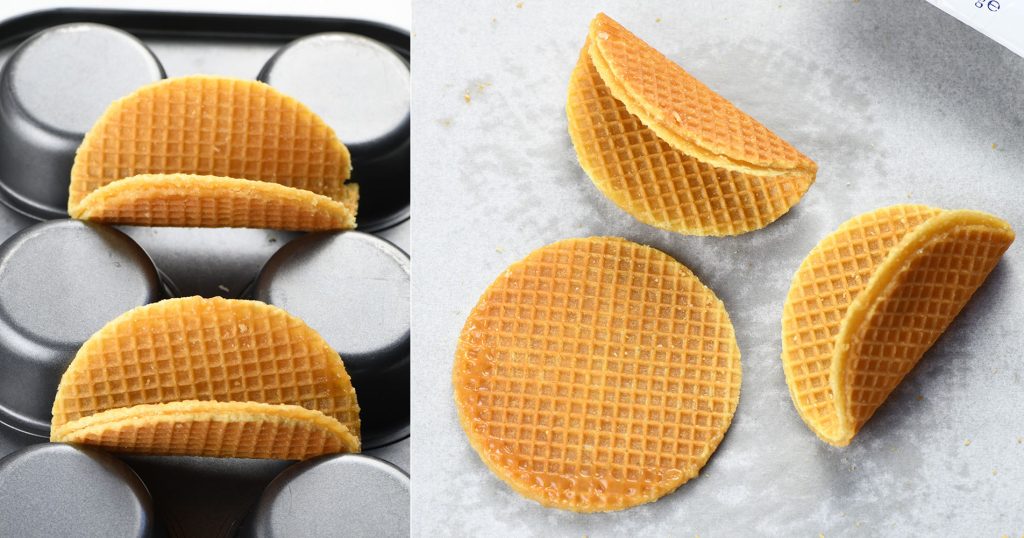 Process of shaping stroopwafels into taco shells by draping them over an upside-down muffin tin on the left, with flat and folded stroopwafels shown on the right.