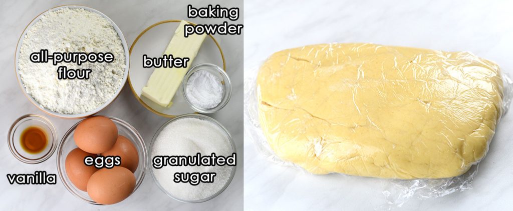 On the left, ingredients for Italian Christmas cookies are displayed in bowls, labeled with names: all-purpose flour, eggs, vanilla, butter, baking powder, and granulated sugar. On the right, the prepared dough is wrapped in plastic wrap, ready to chill before baking.