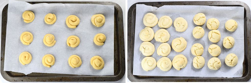 Two baking sheets lined with parchment paper. On the left, unbaked Italian Christmas cookies are neatly arranged in a spiral shape. On the right, the same cookies are shown after baking, slightly cracked and golden, ready to cool before icing.