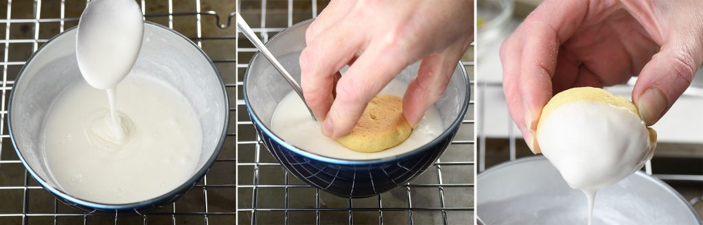 A three-step process of icing Italian Christmas cookies. On the left, a bowl of white icing with a spoon dripping icing back into the bowl. In the middle, a hand dips a baked cookie into the icing. On the right, the cookie is lifted out, coated with a smooth layer of icing, ready to be decorated.