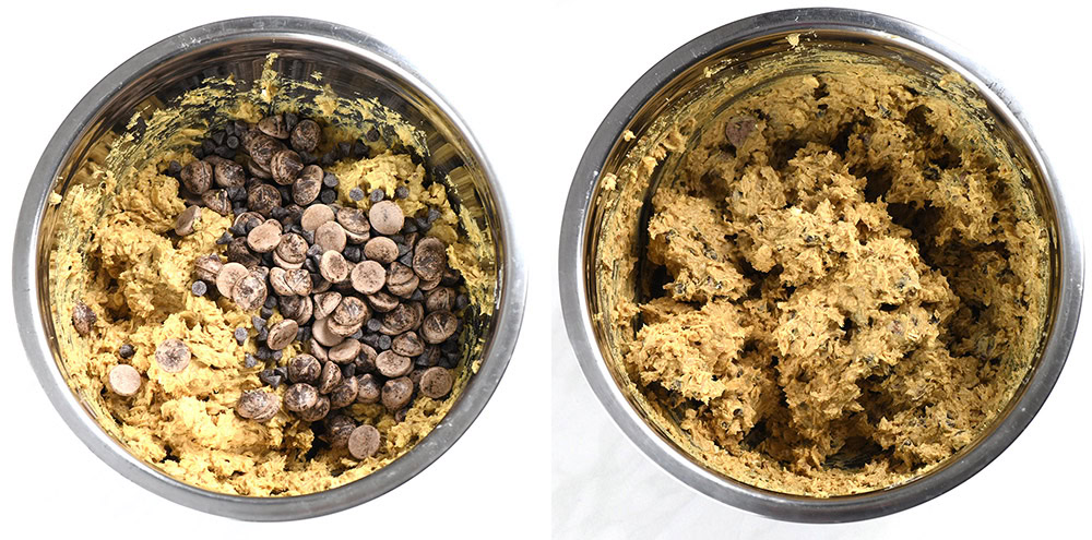 Two bowls showing the process of making oatmeal chocolate chip cookie dough. The first bowl displays the dough with chocolate chips added on top, and the second bowl shows the fully mixed cookie dough.