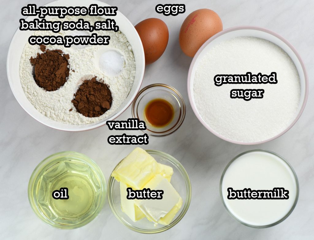 Ingredients for Valentine's Day Cake displayed on a table, including all-purpose flour with baking soda, salt, and cocoa powder, eggs, granulated sugar, vanilla extract, oil, butter, and buttermilk.