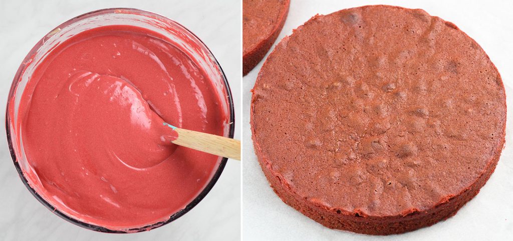 A freshly baked round red velvet cake layer resting on parchment paper, ready for assembly into the Red Velvet Cake.