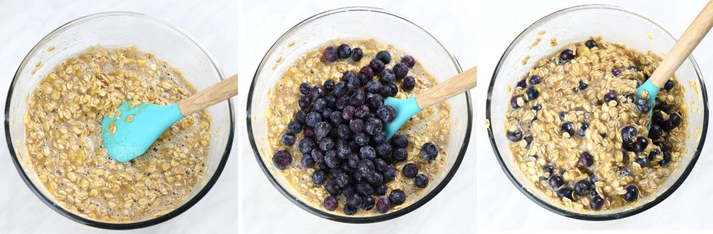 Step-by-step mixing process for Blueberry Banana Baked Oatmeal with oats, mashed bananas, and blueberries in a glass bowl.