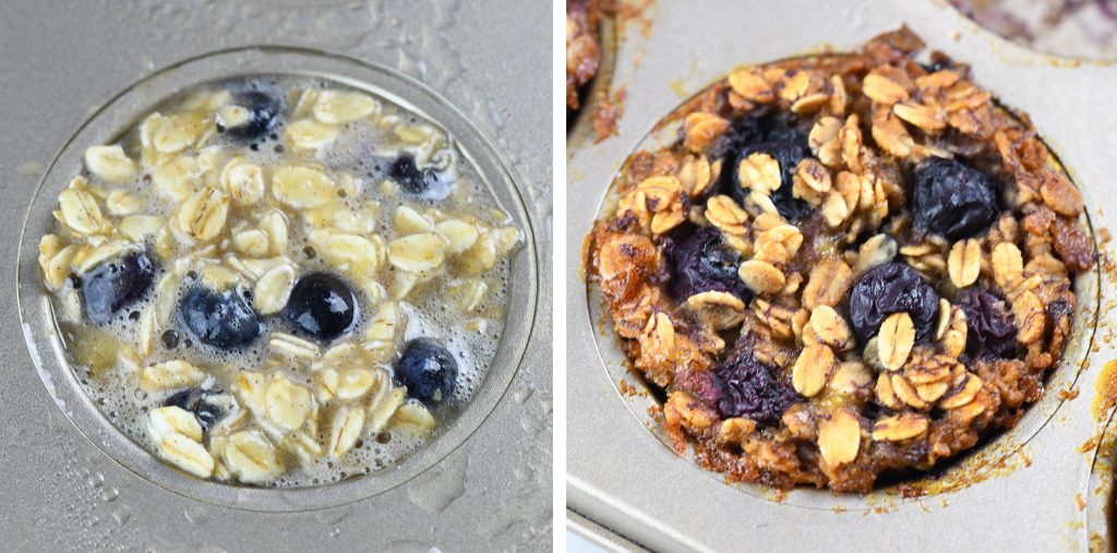 Muffin tray filled with the oatmeal mixture and fresh blueberries, showing the pre-baking stage of Blueberry Banana Baked Oatmeal Cups.