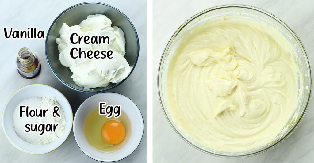On the left, ingredients are displayed: a bowl of cream cheese, a small bottle of vanilla extract, a bowl of flour and sugar, and a separate bowl with a cracked egg. On the right, the ingredients are mixed into a smooth, creamy cheesecake batter in a glass bowl.