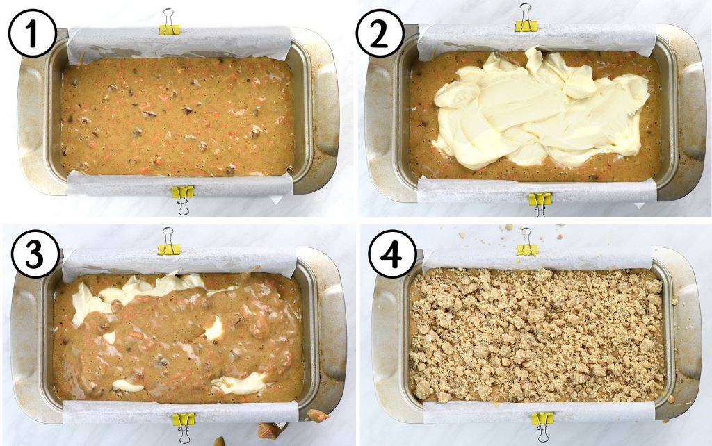 A four-step process of assembling a carrot cake loaf with cream cheese filling. 
