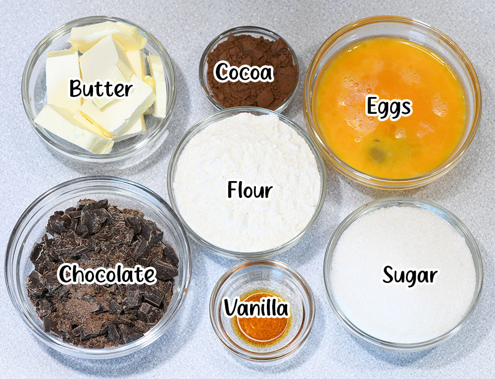 A top-down view of key ingredients for making brownies, including butter, cocoa powder, eggs, flour, chopped chocolate, sugar, and vanilla extract, each labeled in a clear and organized manner.