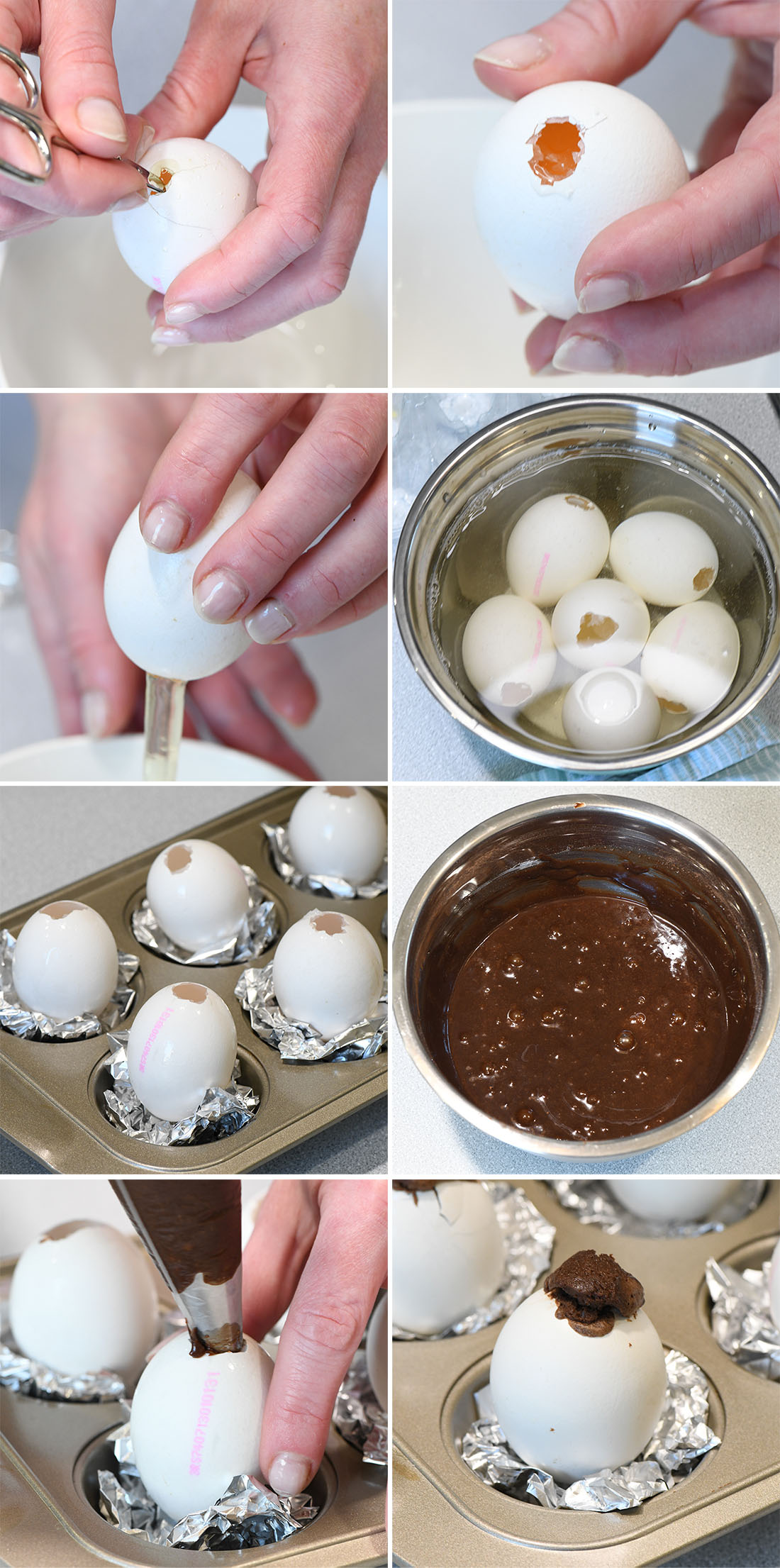 A step-by-step photo tutorial showing how to make brownies baked inside eggshells, from emptying and cleaning the shells to filling them with brownie batter and baking them in a muffin tin.