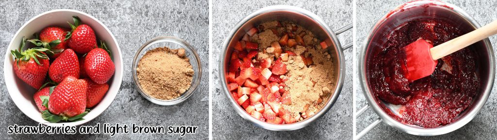 A step-by-step collage showing fresh strawberries and light brown sugar in a bowl, followed by chopped strawberries mixed with sugar in a saucepan, and the final cooked strawberry mixture being stirred with a red spatula.