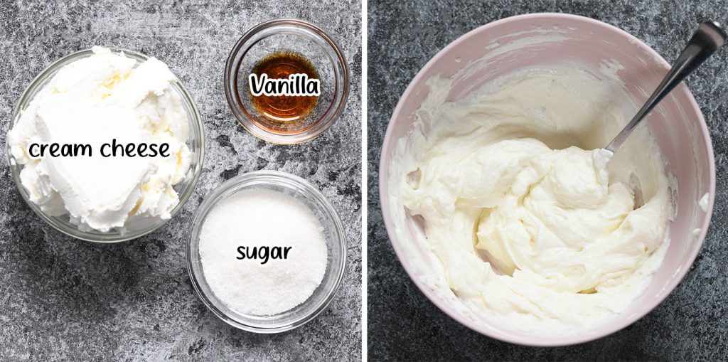 A step-by-step collage showing the ingredients for a cheesecake filling, including cream cheese, sugar, and vanilla extract, followed by a smooth, whipped cheesecake mixture in a pink bowl.