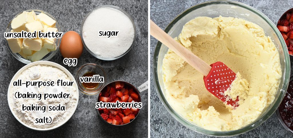 A step-by-step collage showing the ingredients for strawberry cheesecake cookie dough, including butter, sugar, egg, vanilla, flour, baking powder, baking soda, salt, and diced strawberries, followed by a mixing bowl with a smooth cookie dough being stirred with a red spatula.