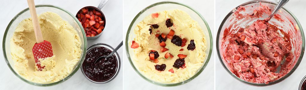 A step-by-step collage showing the process of mixing strawberry cheesecake cookie dough. The first image displays a bowl of plain cookie dough with a spatula, alongside chopped strawberries and strawberry jam. The second image shows the chopped strawberries and jam added to the dough. The final image reveals the fully mixed, pink-hued dough with visible chunks of fruit.