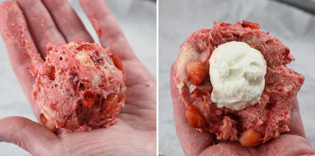 A step-by-step collage showing the process of forming strawberry cheesecake cookies. The first image displays a ball of strawberry cookie dough in a hand. The second image shows the dough being flattened with a dollop of creamy cheesecake filling in the center.