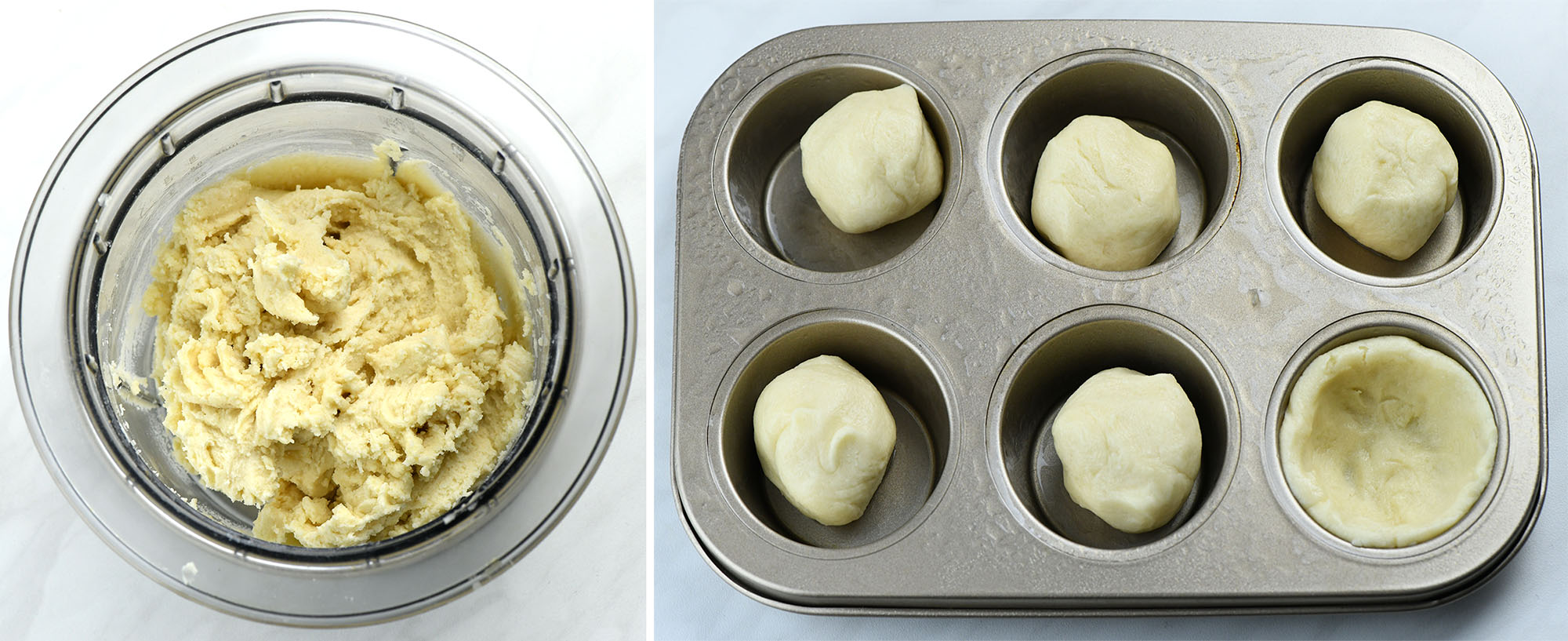 Cookie dough in a bowl and sugar cookie dough balls placed in a muffin pan to make Coconut Cream Pie Cookie Cups.
