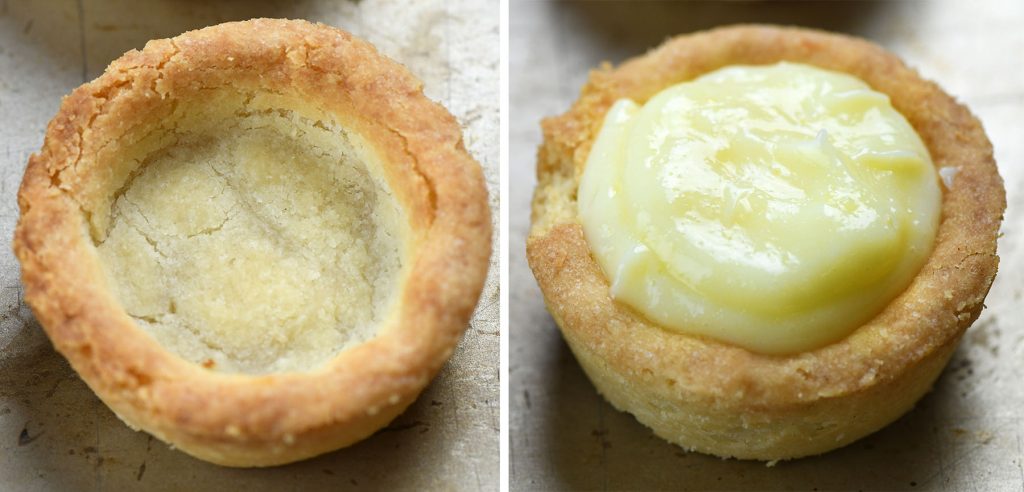 Step-by-step view showing a baked sugar cookie cup before and after filling with luscious no-cook coconut pudding, ready for the final toppings.