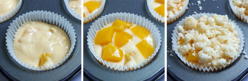 Three-step collage showing peach muffin batter in liners, topped with diced peaches, and finished with a crumbly streusel topping before baking.