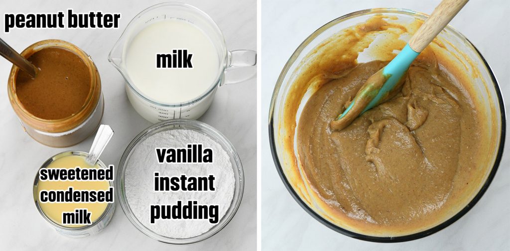 Photo showing the ingredients for peanut butter filling: peanut butter, sweetened condensed milk, vanilla instant pudding mix, and milk. Next to it, a bowl of the blended creamy peanut butter mixture with a spatula.