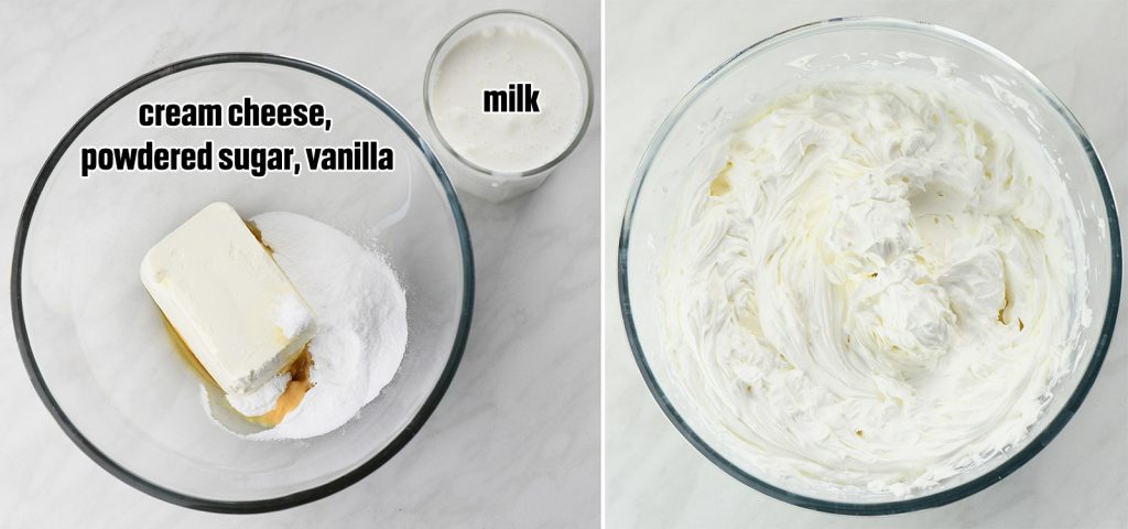 Ingredients for the whipped topping including cream cheese, powdered sugar, vanilla extract, and milk in a glass bowl. Next to it, a bowl of fluffy, whipped cream cheese topping ready to spread.