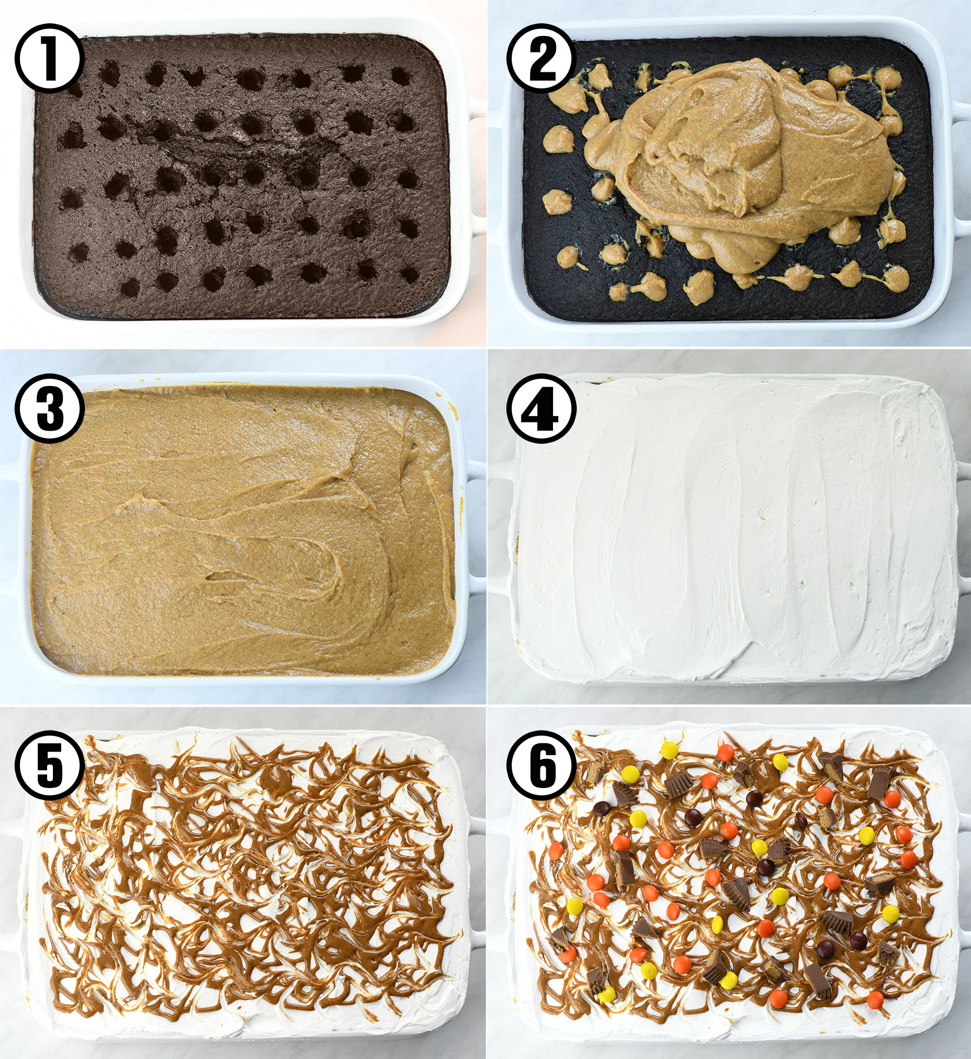 Step-by-step photo collage showing how to assemble a Chocolate Peanut Butter Poke Cake.

A chocolate cake with holes poked into the top.

Peanut butter filling being added.

Filling spread evenly over the cake.

Layer of whipped topping spread over the filling.

Swirls of peanut butter drizzle on top.

Finished cake decorated with Reese’s Pieces and chopped peanut butter cups.
